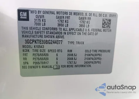 2011 Chevrolet Silverado 1500 Ltz from USA, damaged, VIN 3GCPKTE39BG244077